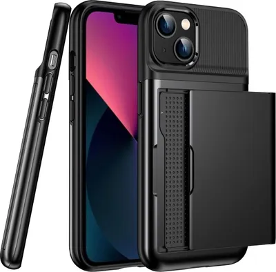 A black iPhone case with a cardholder is shown from a diagonal angle.