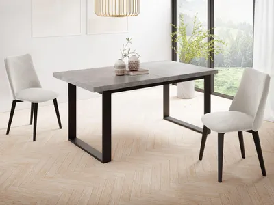 Produktbild von Ausziehbarer Rechteckiger Esstisch im Loft-Stil mit Schwarzen Metallbeinen – Industrieller Tisch für Wohnzimmer – Ausziehbar von 140 cm auf 180 cm – EU – Grauer Beton