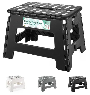 Image de Tabouret pliable avec repose-pieds - Design antidérapant - Idéal pour la salle de bain et la maison - Noir - Hauteur : 22 cm - Capacité de charge : 150 kg