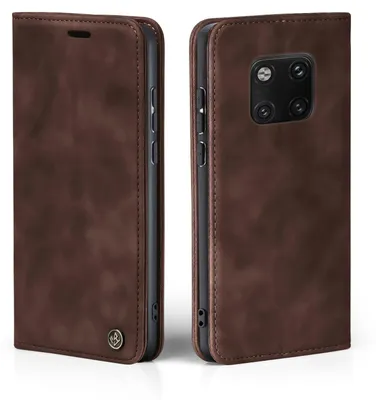 A brown flip case for a smartphone is shown from two angles.