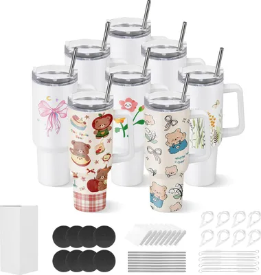 Zdjęcie produktu dla VEVOR Kubki sublimacyjne 8 szt. (1183 ml), kubki sublimacyjne ze stali nierdzewnej z pokrywkami, słomkami i uchwytami, dwuścienne izolowane kubki sublimacyjne do indywidualnego projektowania prezentów DIY
