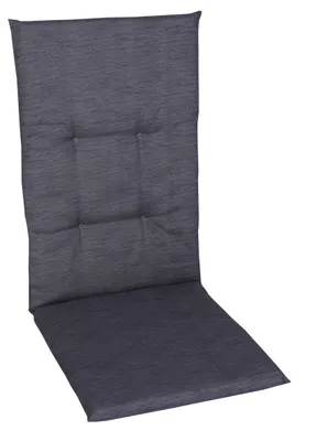 A dark gray chair cushion is shown against a white background.