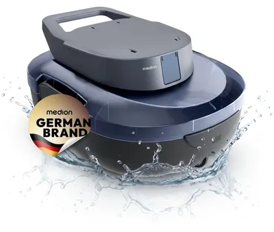 Produktbild von MEDION PR1 Poolroboter Akku, für Aufstellpool, Bodenreinigung für Pools, One-Click-Bedienung, Selbstparkfunktion, 120 Min Akkulaufzeit, 2,2 L Filterkapazität, für 80–100 m², inkl. Ladegerät & Haken