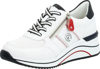 A single white sneaker with black laces and red accents is shown against a white background.