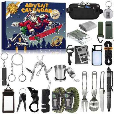 Productafbeelding van Adventskalender 2026 voor mannen: Overlevingskit met 24 camping- en wandelgereedschappen en gadgets, cadeau