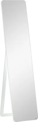 A full-length mirror with a white frame and a stand is shown against a white background.