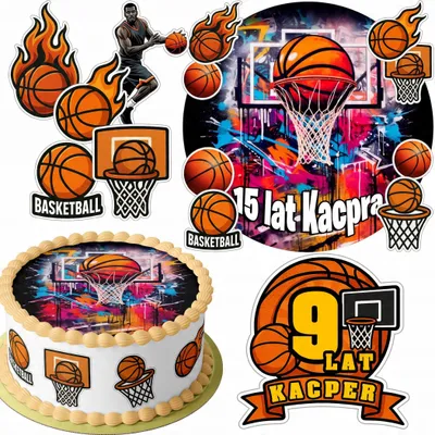 Produktbild von Zestaw Opłatek Na Tort 20Cm + 16 Postaci - Koszykówka + Imię 15Cm 18Cm