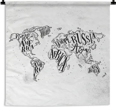 Produktbild von MuchoWow® Wandteppich Wandbehang Weltkarte - Schwarz - Weiß - Buchstaben 120x120 cm Tapisserie Dekoration Wandtuch - Modern - Baumwollgewebe