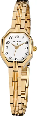 A close-up, studio shot of a gold-colored women's wristwatch with a white face.