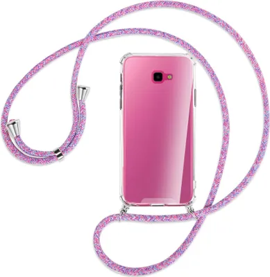 Produktbild von Handykette Backcover-Schutzhülle mit Band (Metall silberfarben) für Samsung Galaxy J4 Plus - lila/rosa/blau