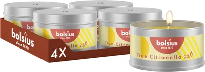 Image de Bougies d'extérieur au parfum de citronnelle Bolsius - Boîte métallique - 4 pièces - Parfum citronnelle