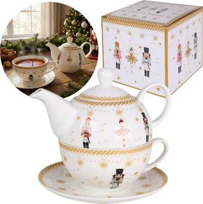 Produktbild von CHRISTMAS BALLERINA Teeset: Porzellantasse 300 ml mit Kanne 450 ml und Untertasse, für Kräuter – Weihnachtsgeschenk