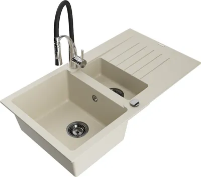 Produktbild von Mexen Matias 1,5-Becken-Granitspüle mit Abtropffläche und Mischbatterie Aster, Beige - 6502-69-73450-07-B