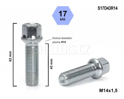 Obrázok produktu pre Skrutka kolesa M14x1,5x43 guľa R14, kľúč 17, S17D43R14 výška 62 mm