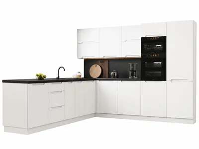 Produktbild von Winkelküche – Eckküchen-Set – Küchenzeile L-Form – Komplettküche – Zivora – KS31-G310 – 310x300 cm – Weiß Matt, KI-generiertes Bild