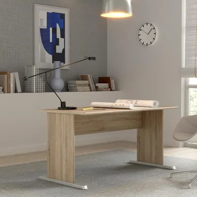 Produktbild von Forte TEMPRA 2 Schreibtisch 140 150, moderner Schreibtisch mit Kufenfüßen, Büro, Holzwerkstoff, Sonoma Eiche Holzdekor, 144 cm breit x 72 cm hoch x 72 cm tief