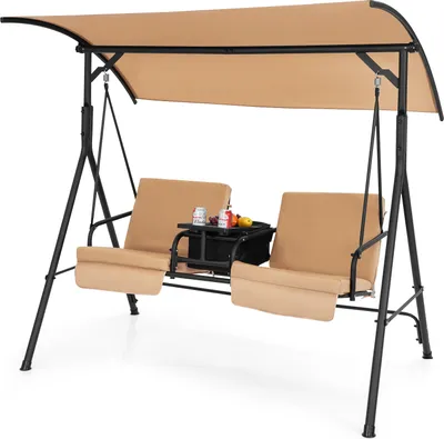 Produktbild von GOPLUS Hollywoodschaukel 2 Sitzer 181x124x161,5cm, Gartenschaukel mit Kühltasche & Tablett & Getränkehalter, Sonnendach verstellbar Kissen abnehmbar