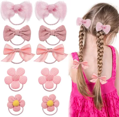 Produktbild von 10 rosa Haargummis mit Schleifen und kleinen Blumen | Elastische Haarbänder für Pferdeschwanz und Zopf für Babys und Kleinkinder