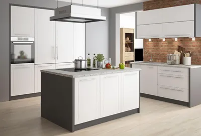Produktbild von Einbauküche KVANTUMG Küchenzeile mit Kücheninsel lava Fronten MDF weiß