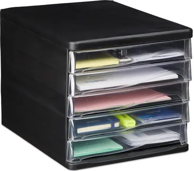 Zdjęcie produktu dla Pudełko z szufladami Relaxdays do przechowywania dokumentów, 5 szuflad, na materiały biurowe, DIN A4, letter, HBT 24,5x26,5x34 cm, czarne