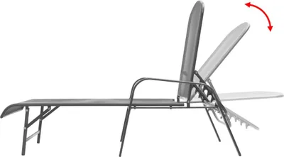 A side view of a gray chaise lounge chair on a white background, with an arrow indicating it can be adjusted.