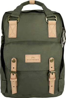 A front view of a green backpack with tan leather accents.