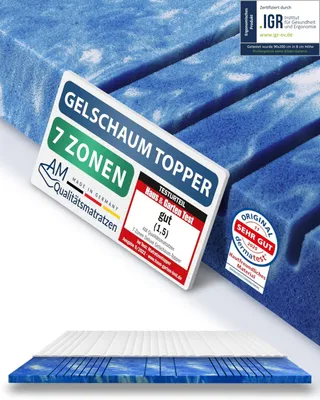 Produktbild von AM Qualitätsmatratzen | 7 Zonen Deluxe Gelschaum-Topper | 180x200 cm | 8 cm Höhe
