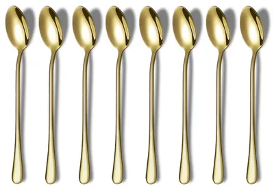 Productafbeelding van Lange roerlepel - Roestvrijstalen koffielepel voor ijsthee en cocktails - Set van 8 - Goud