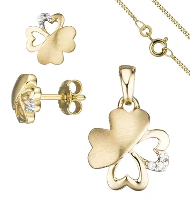 Produktbild von Schmuck-Set Kleeblatt aus 333 Gold Gelbgold 7 Zirkonia Ohrringe und Kette 45cm