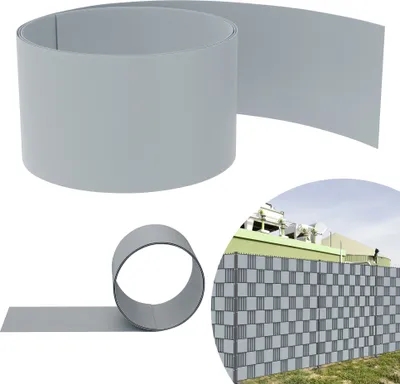 A collage showing a roll of grey privacy screen material and a section of a fence covered with the material.