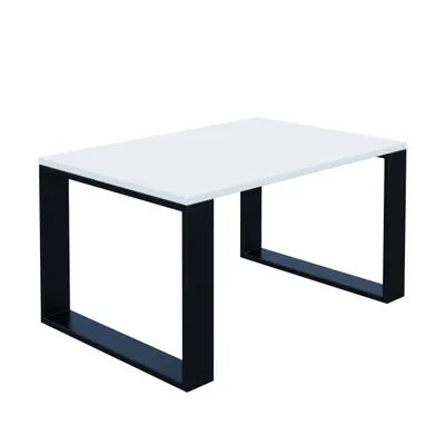 A white coffee table with black legs on a white background.