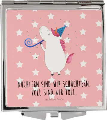 Produktbild von Mr. & Mrs. Panda Kosmetikspiegel Einhorn Party - Rot Pastell - Geschenk, Geburtstag, Frauen Spiegel, Schminkspiegel, Klappbarer, Disco, Handspiegel, Kleiner, Fest, Club