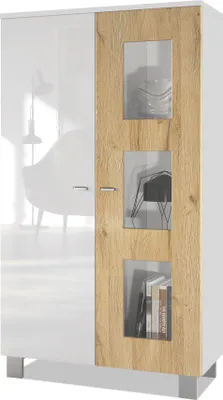 Produktbild von Vladon Vitrine Denjo,  Germany, Standvitrine mit 2 Türen und 3 Glaseinsätzen, Weiß matt/ Weiß Hochglanz/ Eiche Natur (71 x 129 x 35 cm)