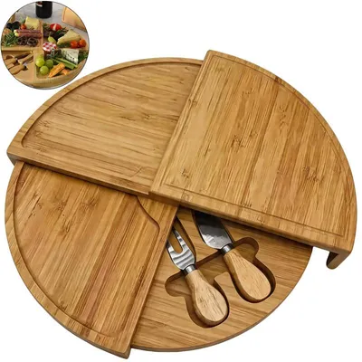 Produktbild von Käsebrett Bambus faltbar Ø26cm 360° drehbar Servierplatte mit 2 Edelstahl Käsemessern für Snacks Käse Obst Buffet Zuhause