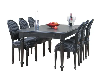 Produktbild von Amaretta Essgruppe100x180/280 einschl. 2 Zusatzplatte schwarz mit 6 Rokoko Stühlen antik schwarz/sch