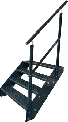 Produktbild von Gitterrost Stahl Wangentreppe 4 Stufen Verzinkt & Anthrazit Pulverlackiert + Geländer Rechts - (L x B x H) 82cm x 140cm x 76cm