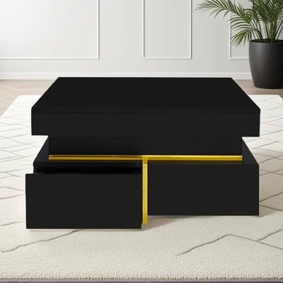 Image de (Noir)Table basse avec tiroirs et accents dorés - Table d'appoint moderne de salon avec espace de rangement