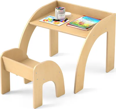 Produktbild von GOPLUS Kindertisch mit Stuhl, Kindersitzgruppe Holz mit der richtigen Höhe & breite Tischplatte mit Baffle zum Essen, Zeichnen & Lesen, Natur