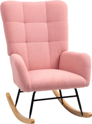 Produktbild von Schaukelsessel mit Holzkufen, Rosa Teddysamt – Relaxsessel für Wohnzimmer & Schlafzimmer