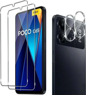 A product image showing screen protectors and a camera lens protector for a Xiaomi Poco C65 5G phone.