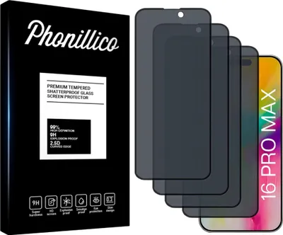 Immagine prodotto di Vetro Temperato Anti-Spia per iPhone 16 PRO MAX [4 Pezzi] Pellicola Protettiva Nera Privacy Antigraffio Vetro Resistente Phonillico