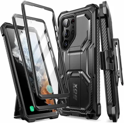 A black and gray protective phone case with a built-in kickstand and belt clip, shown with a phone inside.