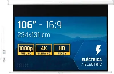 A projection screen with its specifications and features displayed on it.