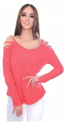 Produktbild von Damen Bluse Langarm Elegant Schulterfrei Nieten; Koralle/2XL/3XL