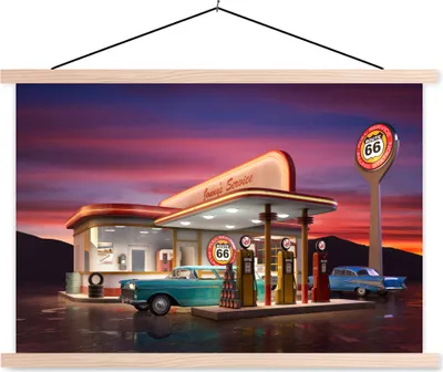 Produktbild von MuchoWow® Textilposter Tankstelle - Auto - Oldtimer 60x40 cm mit holzfarbenen Rahmen - Bilder