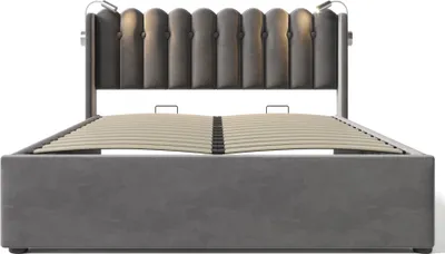 Produktbild von Flieks Polsterbett 140x200cm mit Lattenrost, Hydraulisches Boxspringbett mit USB und Leselichte, Stauraumbett Doppelbett, Samt, Grau