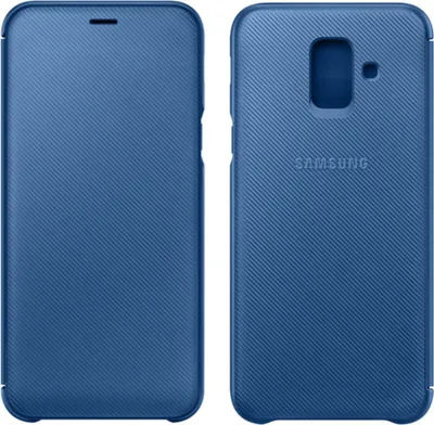 A blue Samsung flip cover for a Galaxy A6+ Plus phone is shown from the front and back.
