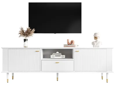 Produktbild von TV-Schrank mit offenen Fächern, Schubladen, lackierter Strukturoberfläche, Soft-Close-Scharnieren