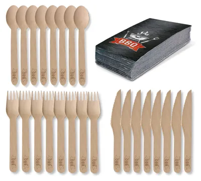 Produktbild von Amscan - BBQ Party Set - Holz-Besteck (24 Teile) + Servietten (20 Stück)