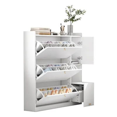 Produktbild von Schuhschrank mit Sitzfläche, Schuhkipper, Schuhregal mit 3 Klappen, 1 Schrank und 1 Schubladen, schmal